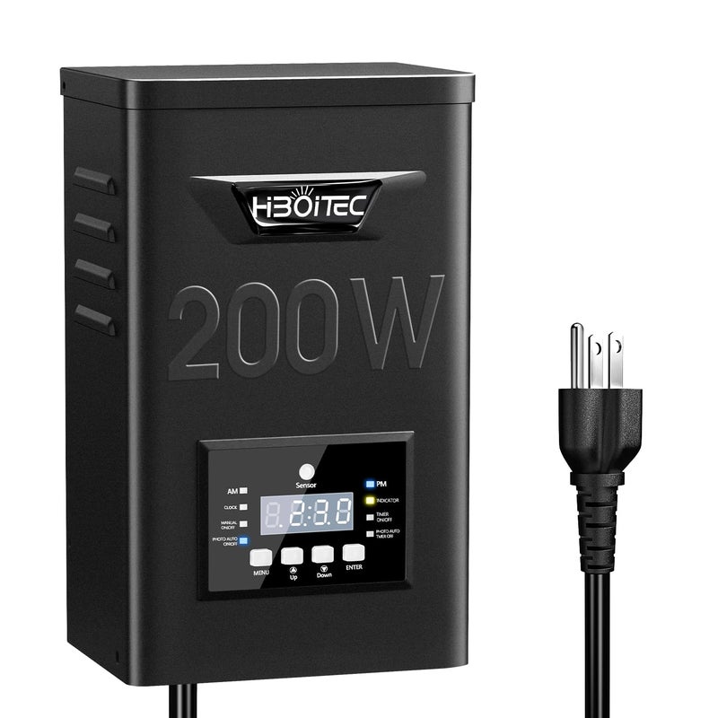 HIBOITEC 200W Low Voltage Landscape Transformer, Outdoor Lighting Transformer with Photocell Sensor and Timer, 120V AC to 12V/15V AC Waterproof Transformers for Landscape Lighting Path Lights - Image 1